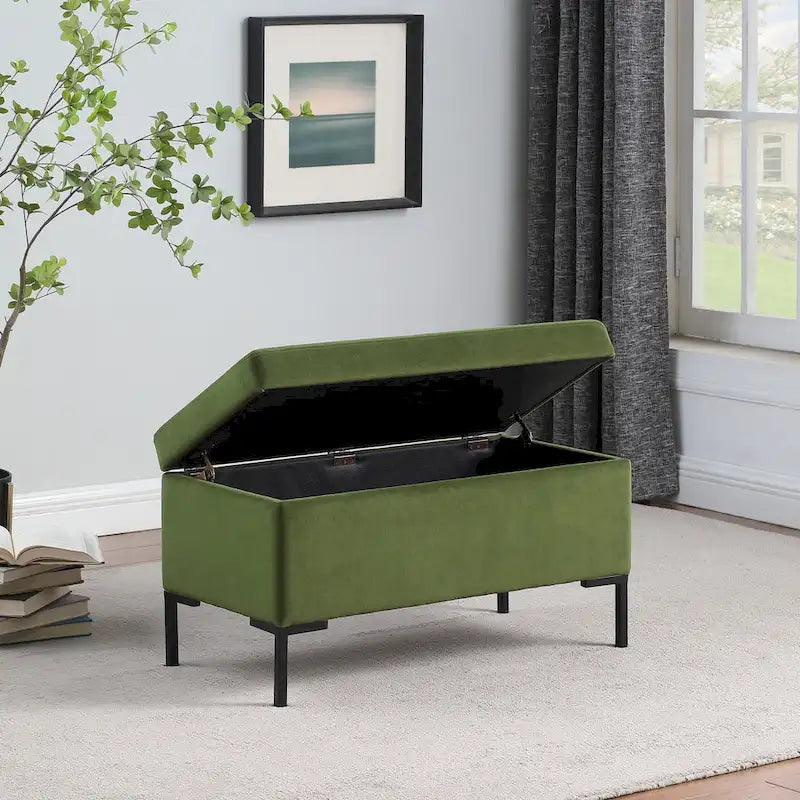 Storage Bench with Metal Legs – Green Velvet / Blush Velvet / White Boucle / Gray Woven – Seats 1
