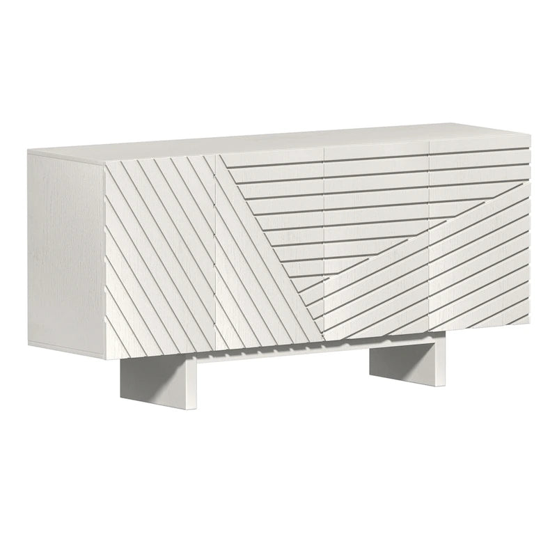 Cream / Brown Fluted 4-Door Buffet Sideboard Cabinet, 2-Person Assembly