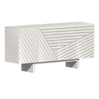 Cream / Brown Fluted 4-Door Buffet Sideboard Cabinet, 2-Person Assembly