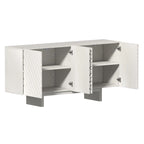 Cream / Brown Fluted 4-Door Buffet Sideboard Cabinet, 2-Person Assembly