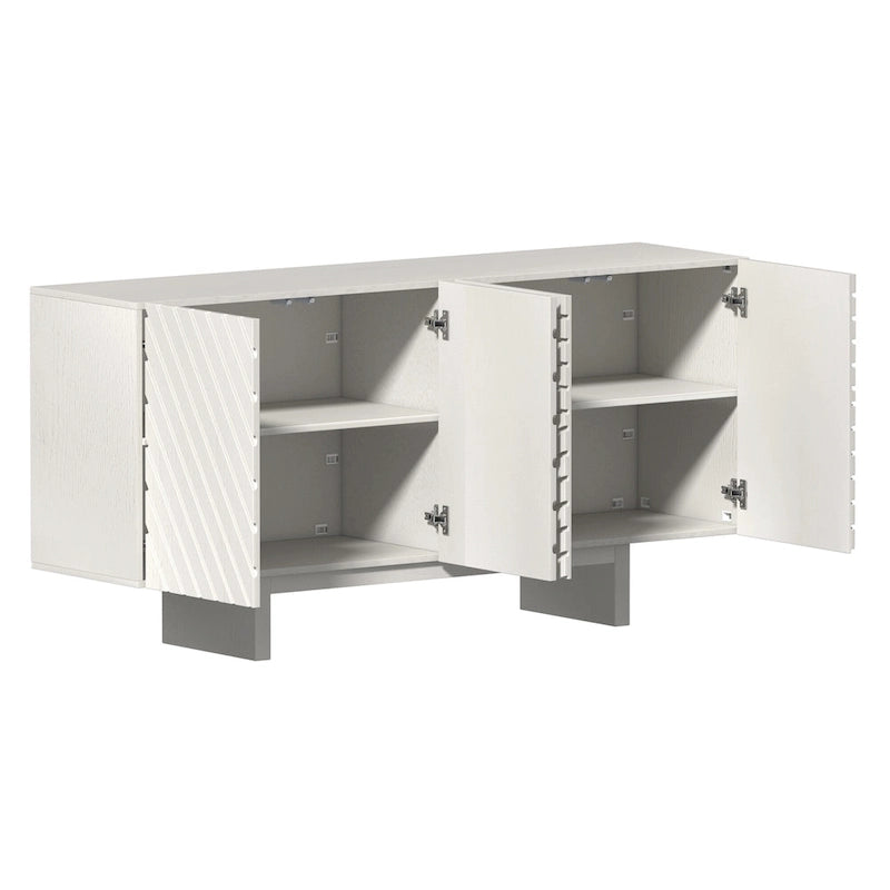 Cream / Brown Fluted 4-Door Buffet Sideboard Cabinet, 2-Person Assembly