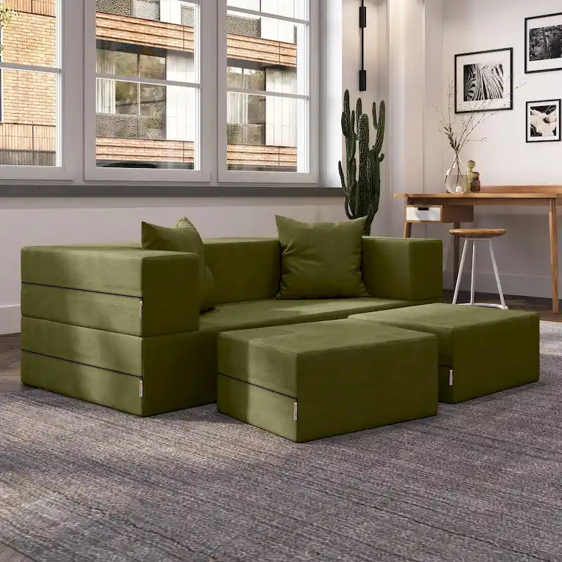 Convertible Queen Sleeper Loveseat & Ottoman Set – Multi-Color, 2-Seater
