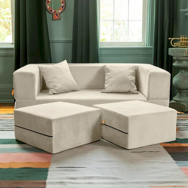 Convertible Queen Sleeper Loveseat & Ottoman Set – Multi-Color, 2-Seater
