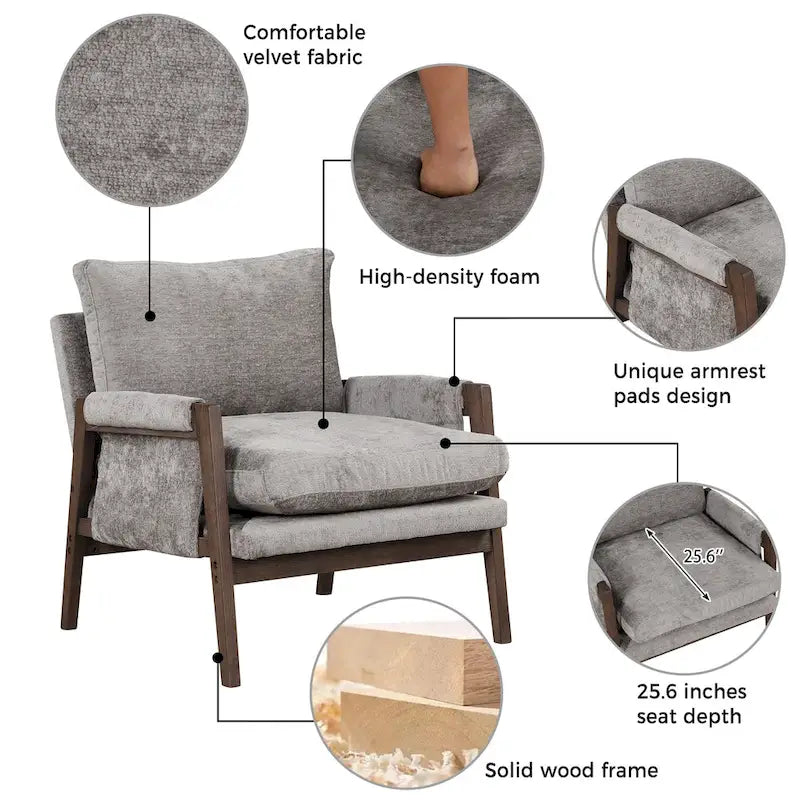 Velvet Accent Armchair – Mid-Century Modern, 5 Colors, 1-Seat
