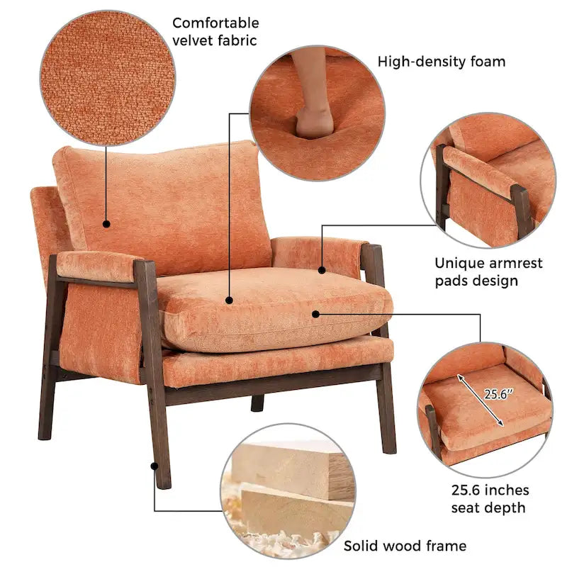 Velvet Accent Armchair – Mid-Century Modern, 5 Colors, 1-Seat