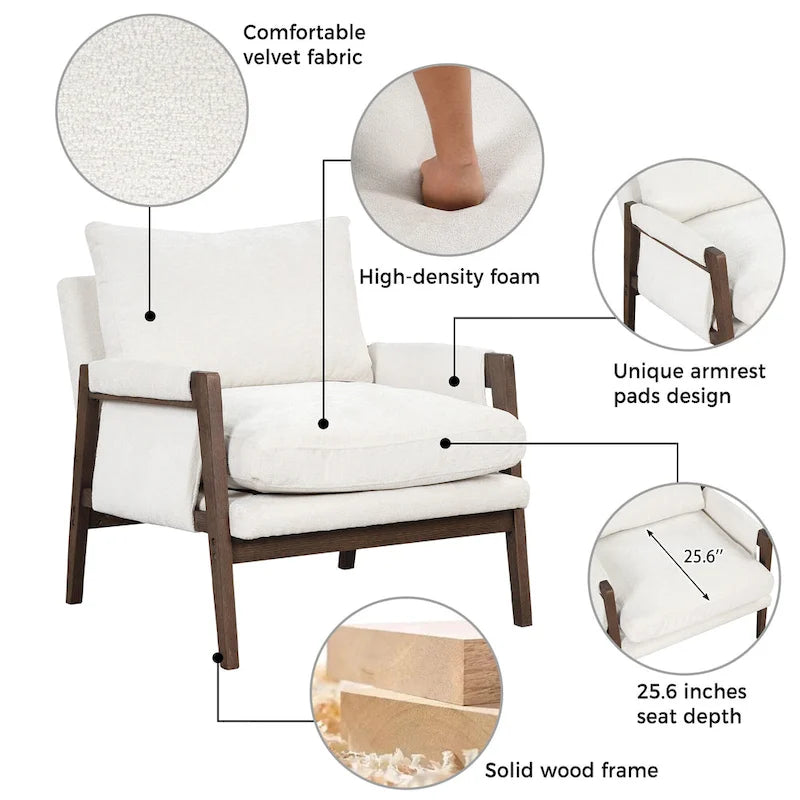 Velvet Accent Armchair – Mid-Century Modern, 5 Colors, 1-Seat