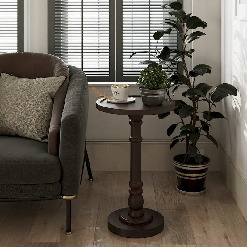 Espresso / Wood / Black & White Farmhouse Tray Top Pedestal End Table, 1-Person