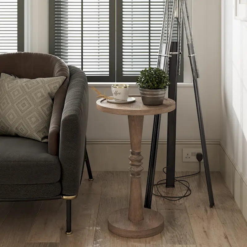 Espresso / Wood / Black & White Farmhouse Tray Top Pedestal End Table, 1-Person