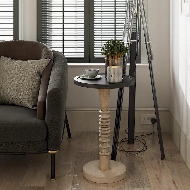 Espresso / Wood / Black & White Farmhouse Tray Top Pedestal End Table, 1-Person