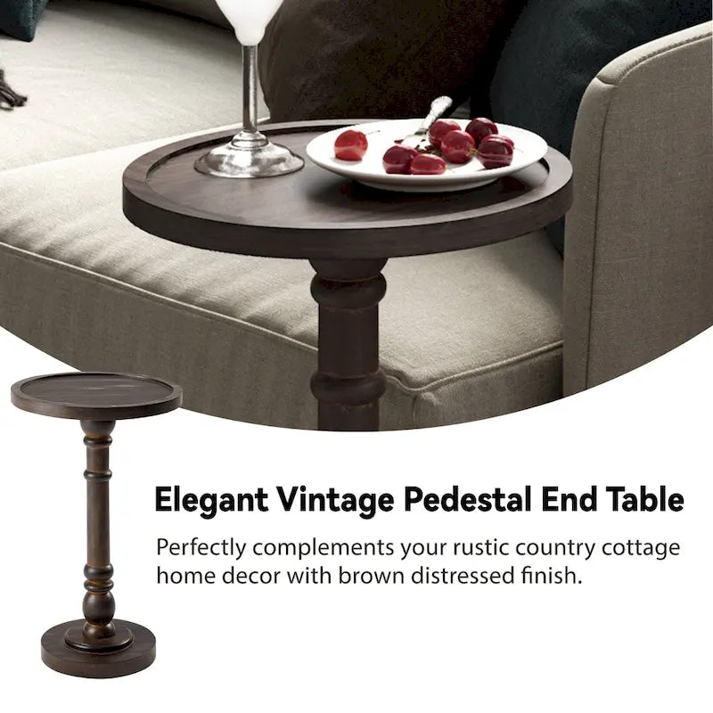 Espresso / Wood / Black & White Farmhouse Tray Top Pedestal End Table, 1-Person