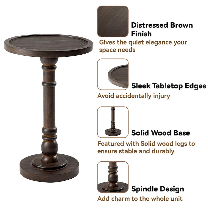 Espresso / Wood / Black & White Farmhouse Tray Top Pedestal End Table, 1-Person