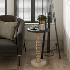 Espresso / Wood / Black & White Farmhouse Tray Top Pedestal End Table, 1-Person