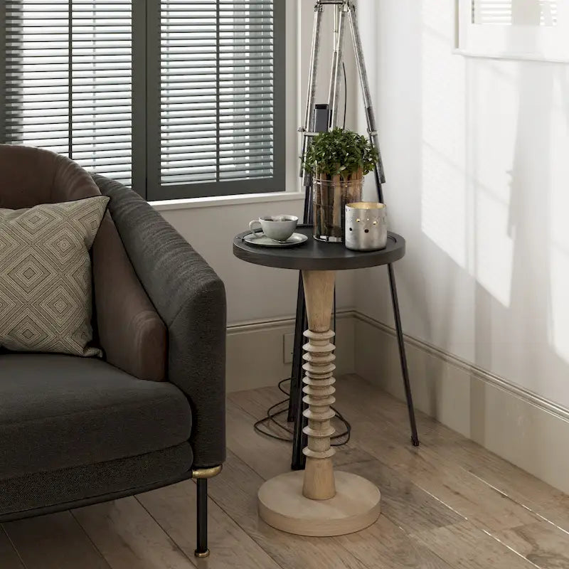 Espresso / Wood / Black & White Farmhouse Tray Top Pedestal End Table, 1-Person
