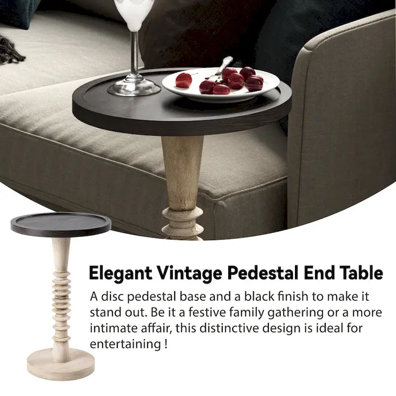 Espresso / Wood / Black & White Farmhouse Tray Top Pedestal End Table, 1-Person