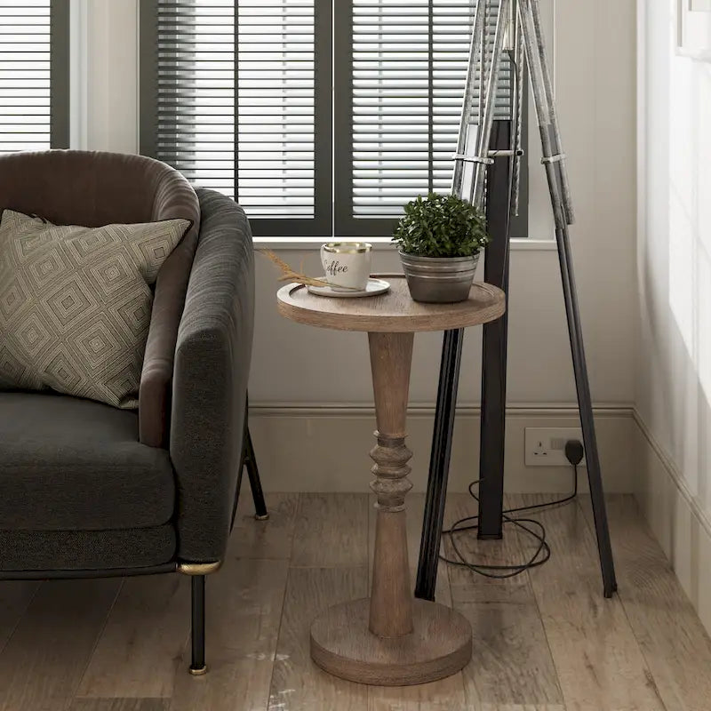 Espresso / Wood / Black & White Farmhouse Tray Top Pedestal End Table, 1-Person
