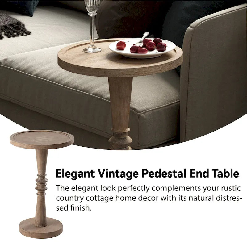 Espresso / Wood / Black & White Farmhouse Tray Top Pedestal End Table, 1-Person