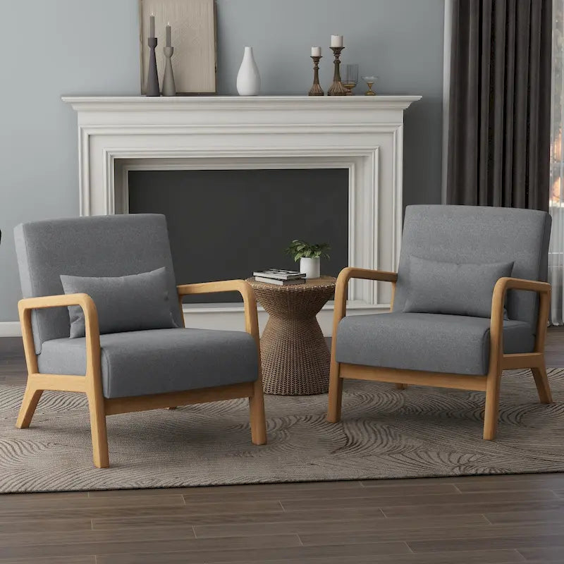 Accent Armchair with Lumbar Pillow, Linen/PU Upholstery, Natural/Brown Wood Legs, Set of 2