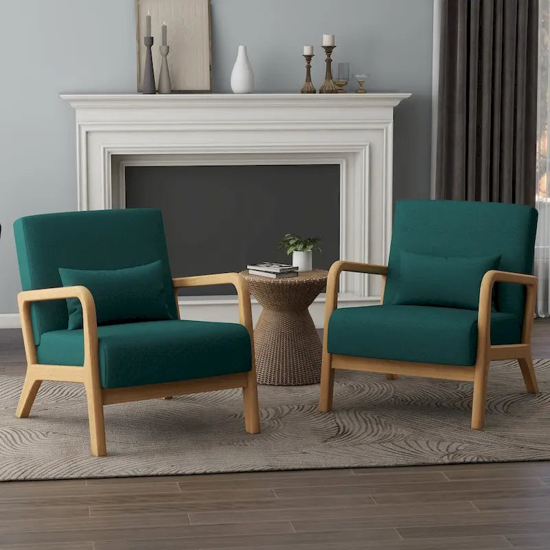 Accent Armchair with Lumbar Pillow, Linen/PU Upholstery, Natural/Brown Wood Legs, Set of 2