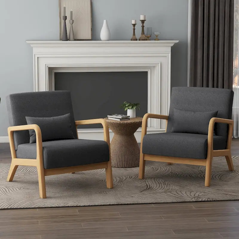 Accent Armchair with Lumbar Pillow, Linen/PU Upholstery, Natural/Brown Wood Legs, Set of 2