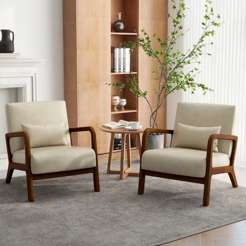 Accent Armchair with Lumbar Pillow, Linen/PU Upholstery, Natural/Brown Wood Legs, Set of 2