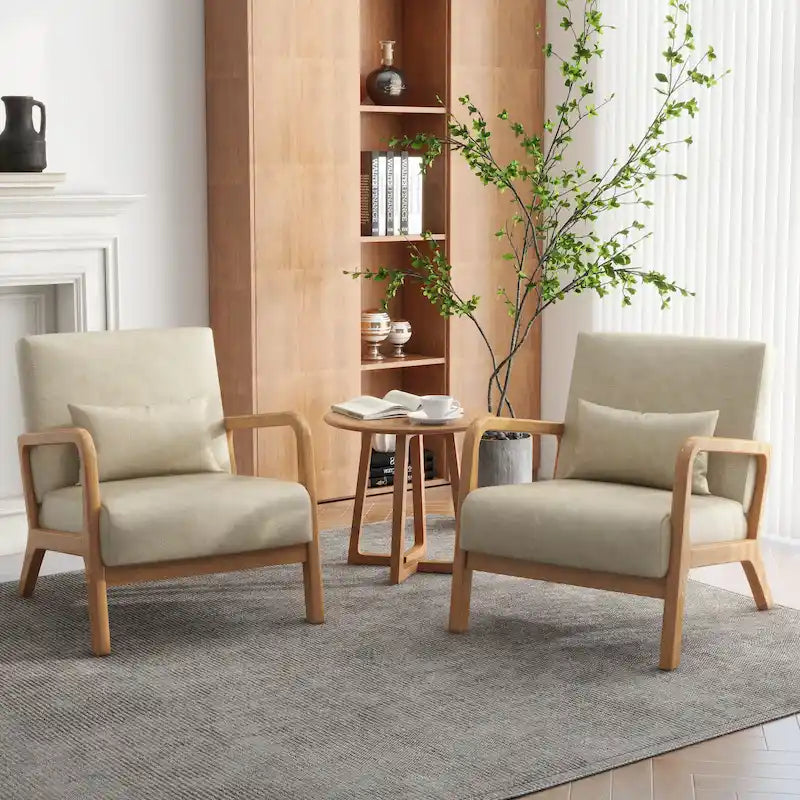 Accent Armchair with Lumbar Pillow, Linen/PU Upholstery, Natural/Brown Wood Legs, Set of 2