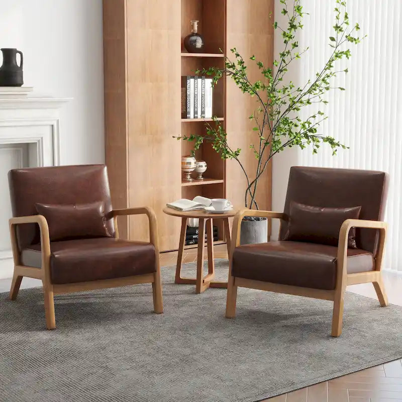 Accent Armchair with Lumbar Pillow, Linen/PU Upholstery, Natural/Brown Wood Legs, Set of 2