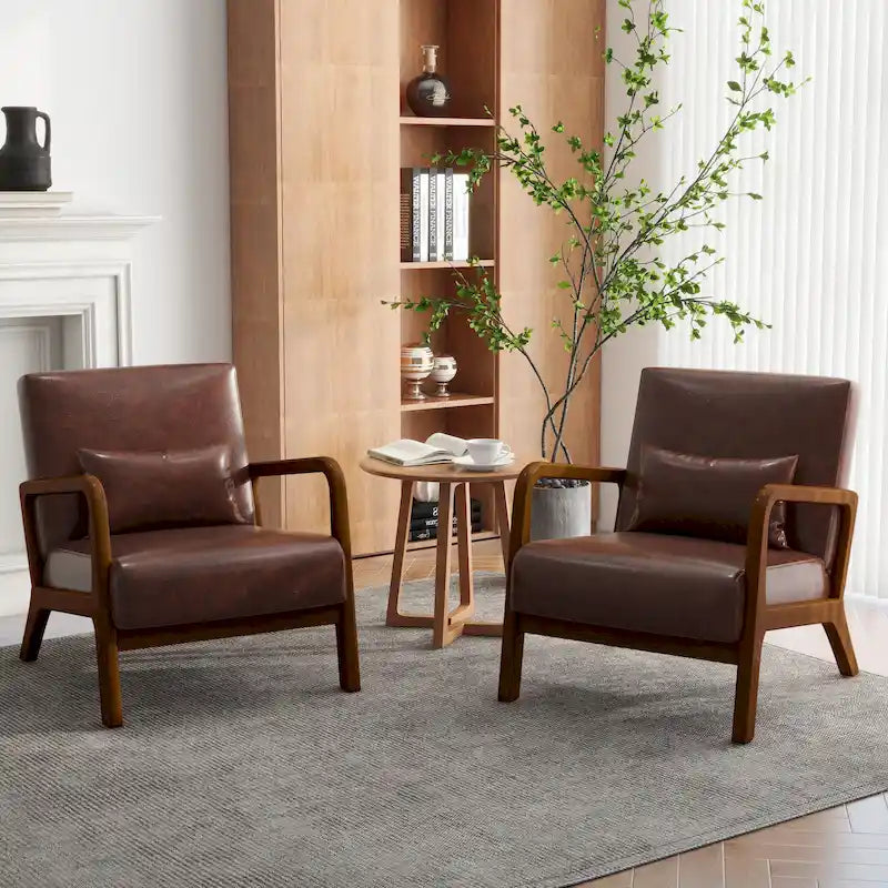 Accent Armchair with Lumbar Pillow, Linen/PU Upholstery, Natural/Brown Wood Legs, Set of 2