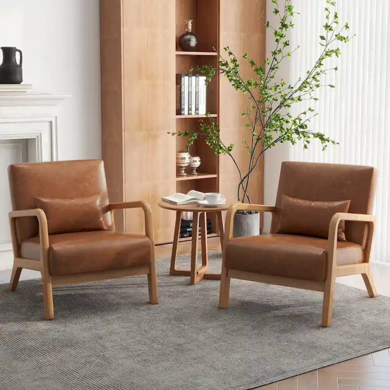 Accent Armchair with Lumbar Pillow, Linen/PU Upholstery, Natural/Brown Wood Legs, Set of 2