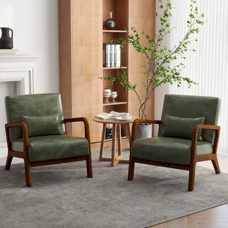 Accent Armchair with Lumbar Pillow, Linen/PU Upholstery, Natural/Brown Wood Legs, Set of 2