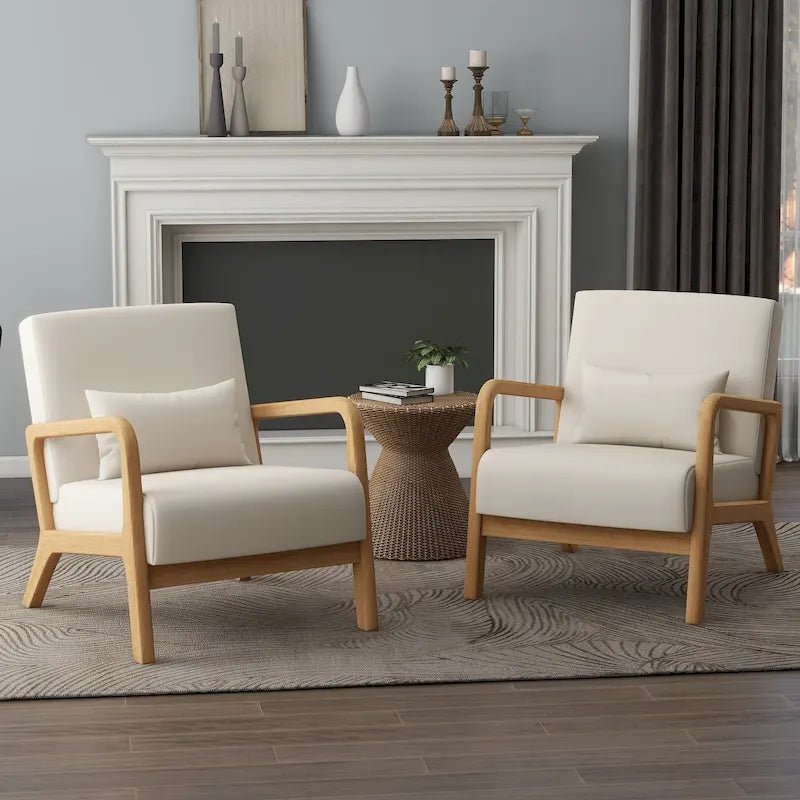 Accent Armchair with Lumbar Pillow, Linen/PU Upholstery, Natural/Brown Wood Legs, Set of 2