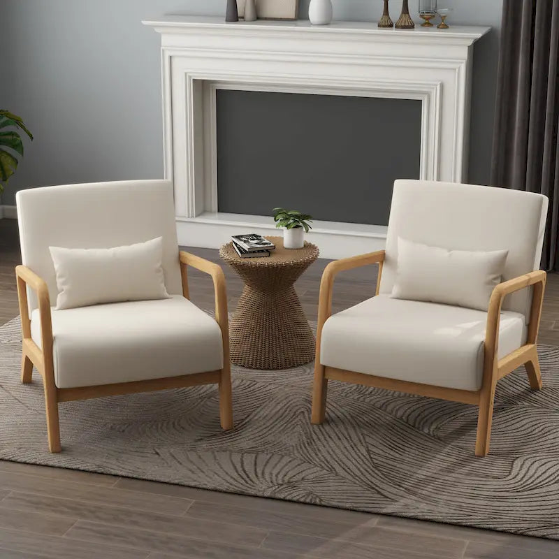 Accent Armchair with Lumbar Pillow, Linen/PU Upholstery, Natural/Brown Wood Legs, Set of 2
