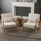 Accent Armchair with Lumbar Pillow, Linen/PU Upholstery, Natural/Brown Wood Legs, Set of 2