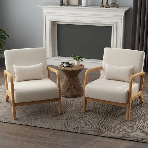 Accent Armchair with Lumbar Pillow, Linen/PU Upholstery, Natural/Brown Wood Legs, Set of 2