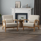 Accent Armchair with Lumbar Pillow, Linen/PU Upholstery, Natural/Brown Wood Legs, Set of 2