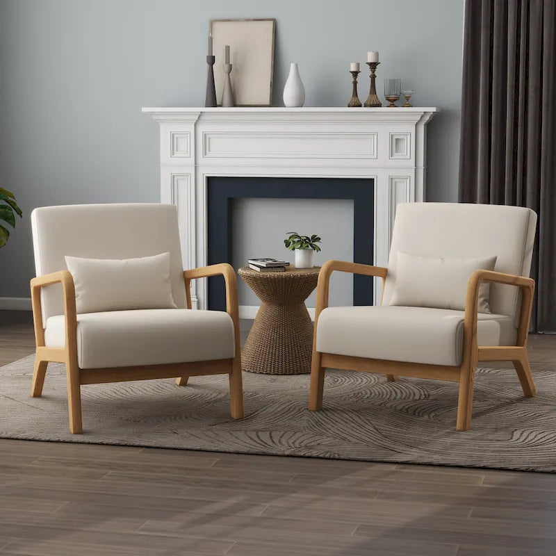 Accent Armchair with Lumbar Pillow, Linen/PU Upholstery, Natural/Brown Wood Legs, Set of 2