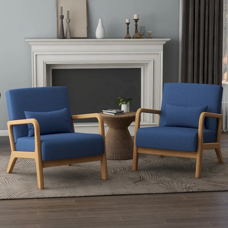 Accent Armchair with Lumbar Pillow, Linen/PU Upholstery, Natural/Brown Wood Legs, Set of 2