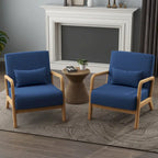Accent Armchair with Lumbar Pillow, Linen/PU Upholstery, Natural/Brown Wood Legs, Set of 2