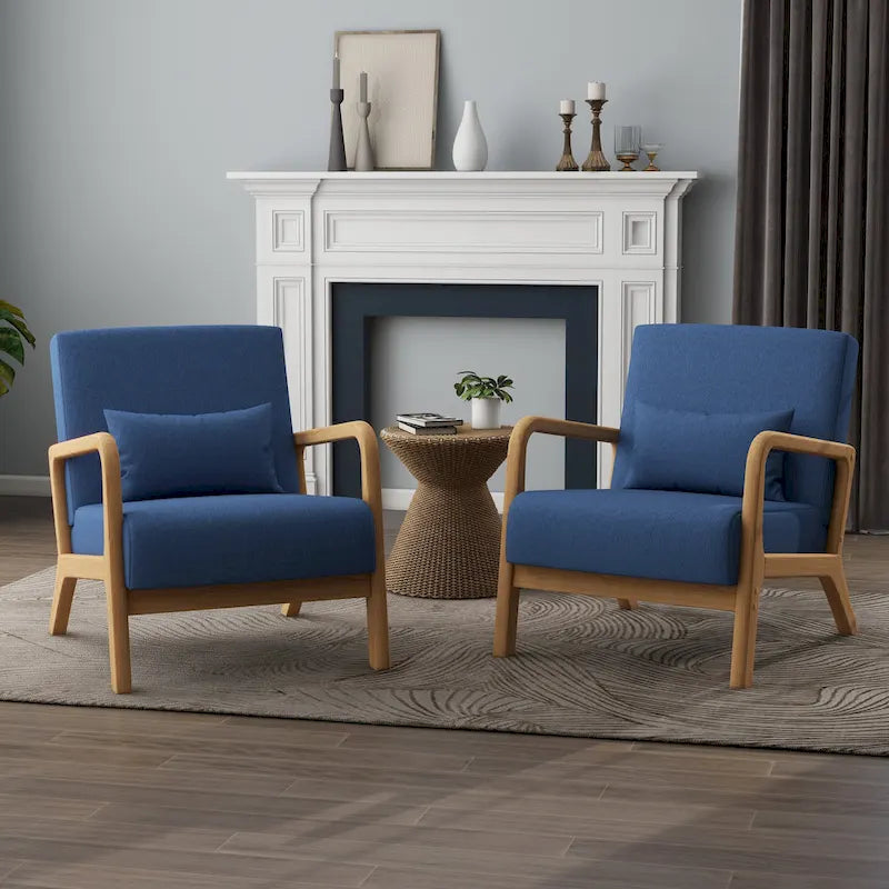 Accent Armchair with Lumbar Pillow, Linen/PU Upholstery, Natural/Brown Wood Legs, Set of 2