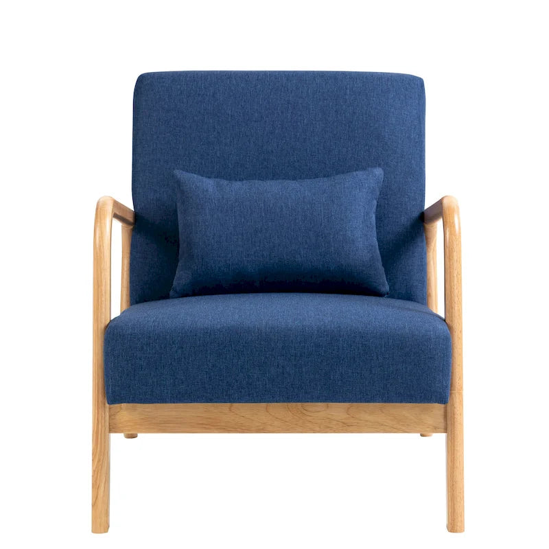 Accent Armchair with Lumbar Pillow, Linen/PU Upholstery, Natural/Brown Wood Legs, Set of 2