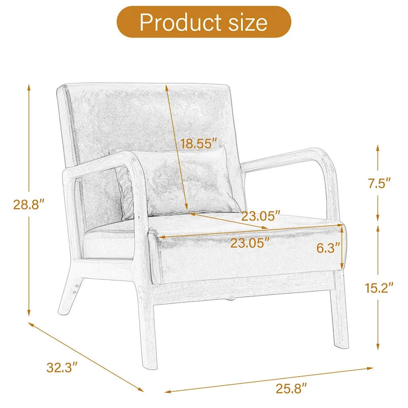 Accent Armchair with Lumbar Pillow, Linen/PU Upholstery, Natural/Brown Wood Legs, Set of 2