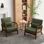 Accent Armchair with Lumbar Pillow, Linen/PU Upholstery, Natural/Brown Wood Legs, Set of 2