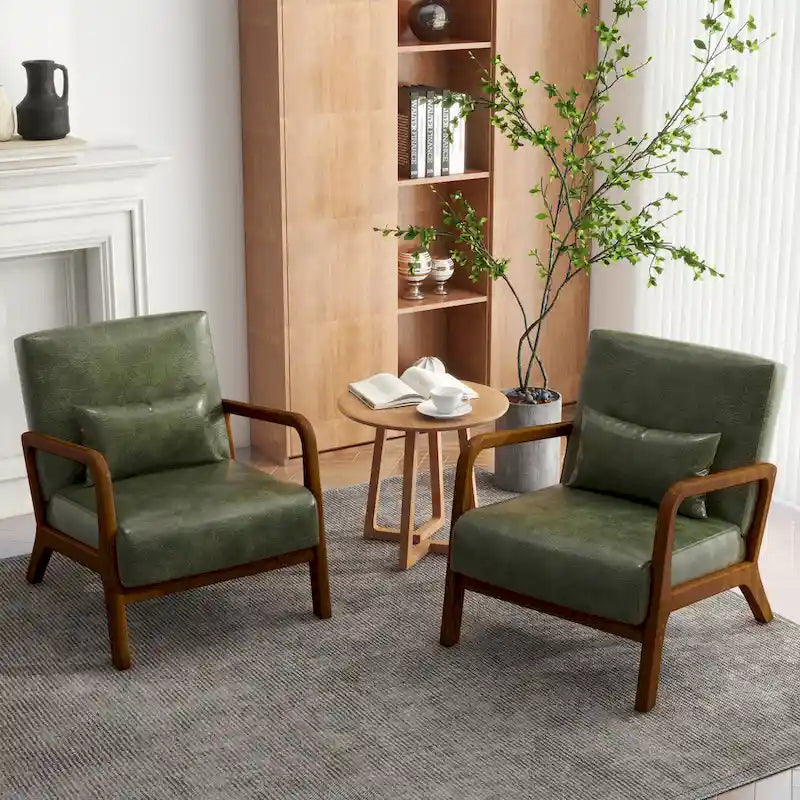 Accent Armchair with Lumbar Pillow, Linen/PU Upholstery, Natural/Brown Wood Legs, Set of 2