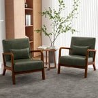 Accent Armchair with Lumbar Pillow, Linen/PU Upholstery, Natural/Brown Wood Legs, Set of 2