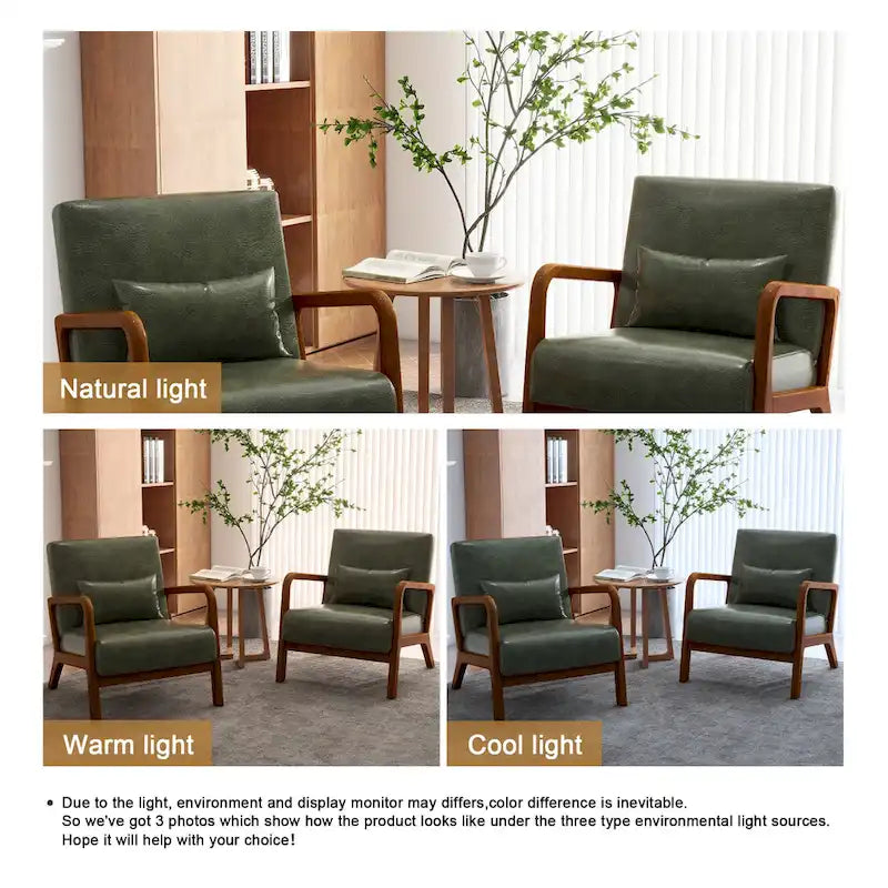 Accent Armchair with Lumbar Pillow, Linen/PU Upholstery, Natural/Brown Wood Legs, Set of 2