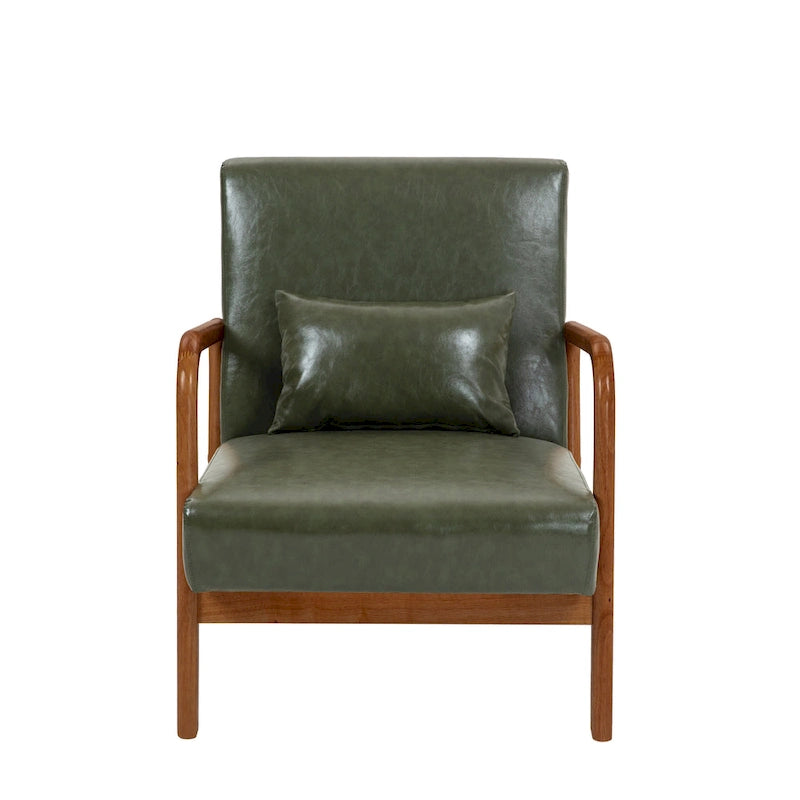 Accent Armchair with Lumbar Pillow, Linen/PU Upholstery, Natural/Brown Wood Legs, Set of 2