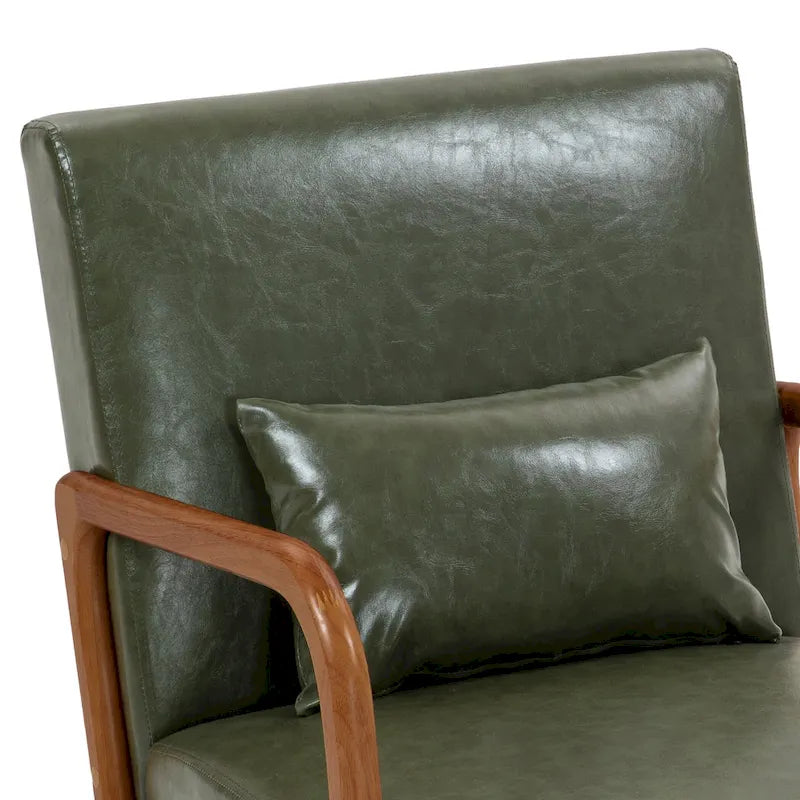 Accent Armchair with Lumbar Pillow, Linen/PU Upholstery, Natural/Brown Wood Legs, Set of 2