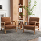 Accent Armchair with Lumbar Pillow, Linen/PU Upholstery, Natural/Brown Wood Legs, Set of 2