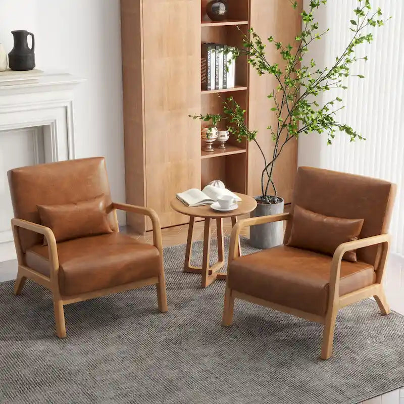 Accent Armchair with Lumbar Pillow, Linen/PU Upholstery, Natural/Brown Wood Legs, Set of 2