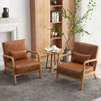 Accent Armchair with Lumbar Pillow, Linen/PU Upholstery, Natural/Brown Wood Legs, Set of 2
