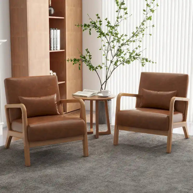 Accent Armchair with Lumbar Pillow, Linen/PU Upholstery, Natural/Brown Wood Legs, Set of 2